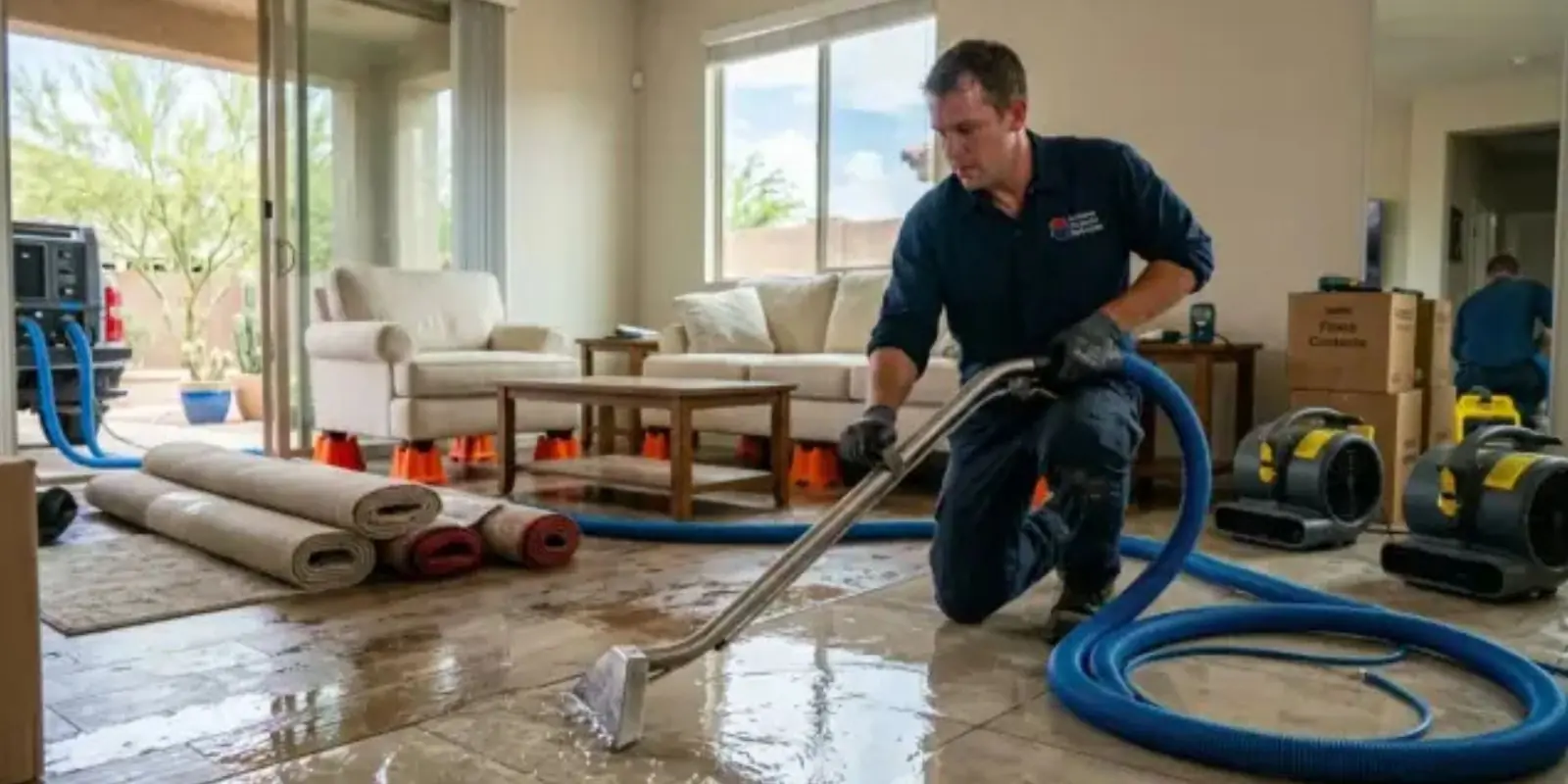 Technician pulling standing water from a living room floor with a hose while air movers run