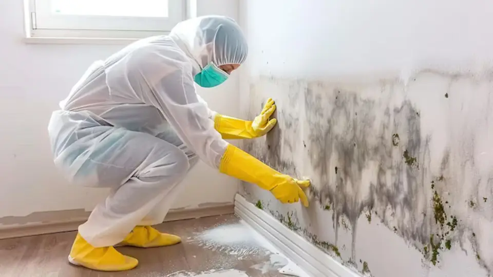 Technician in protective gear wiping mold from a wall near the baseboard